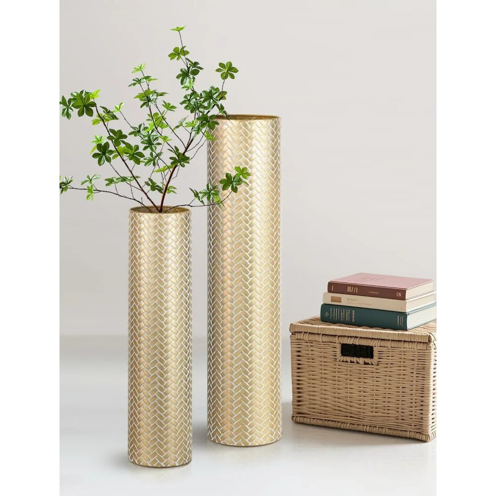 Extra Large Decorative Metal Cylinder Vases Set of 2 Tall Gold Woven Texture Floor Standing Vases - 27.6/21.7 inches Vin