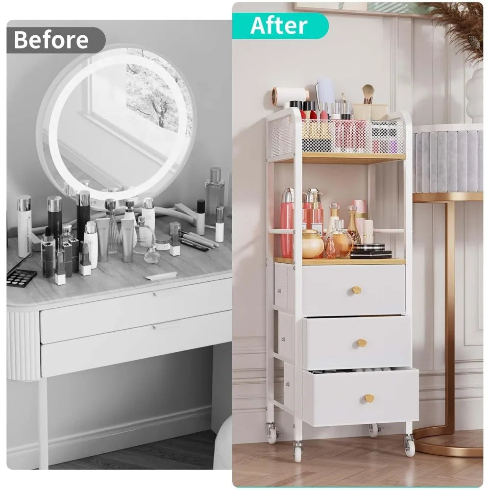 HapiRm Rolling Makeup Cart Organizer - Floor Skincare Make Up Storage with 3 Drawers, Vanity Organizer Cosmetic Display Cases Ho