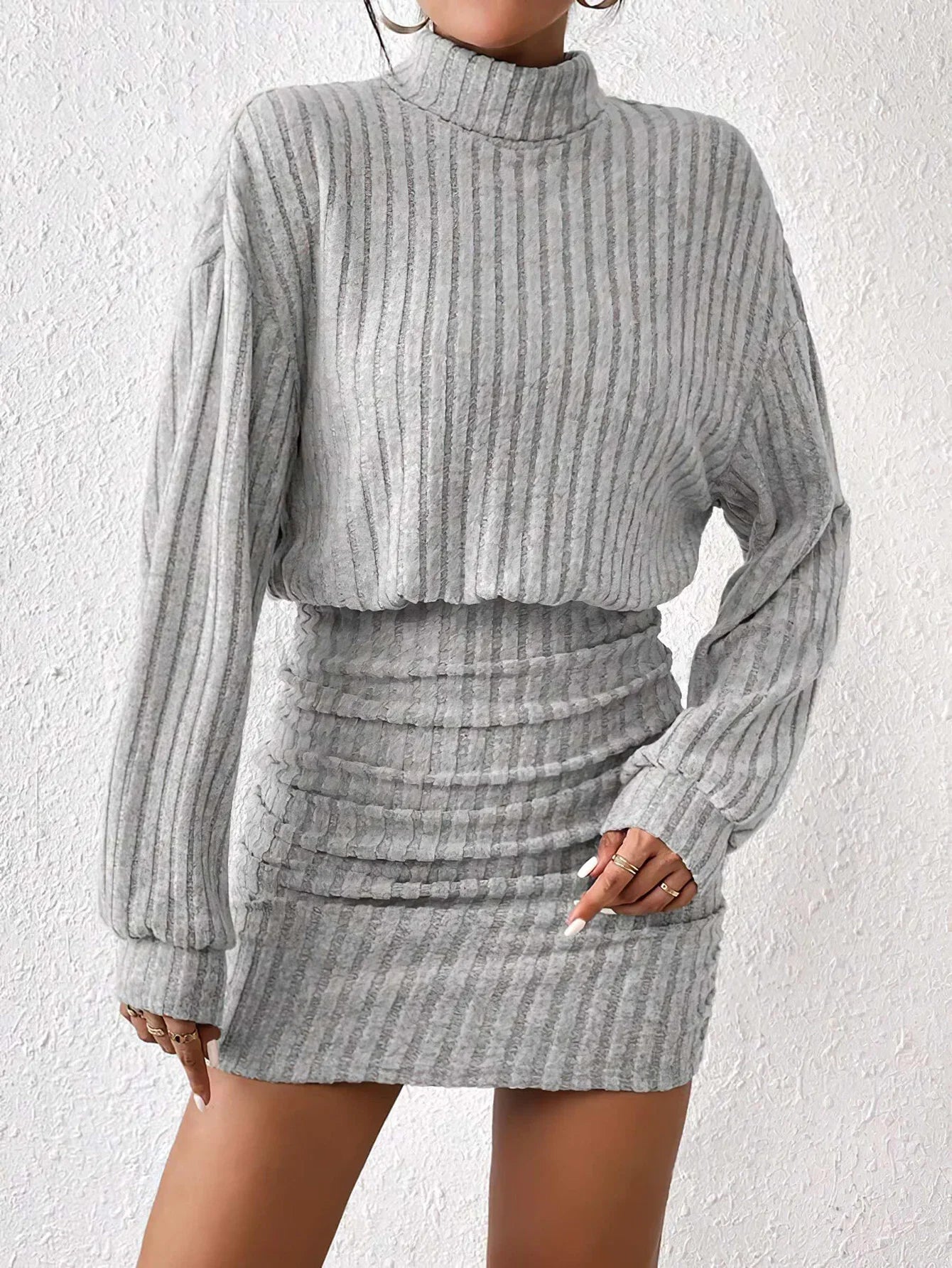 Women's Autumn Winter Fashion High Neck Knitted Sweater Dress Female Casual Solid Loose Long Sleeve Warm Mid Length Dresses