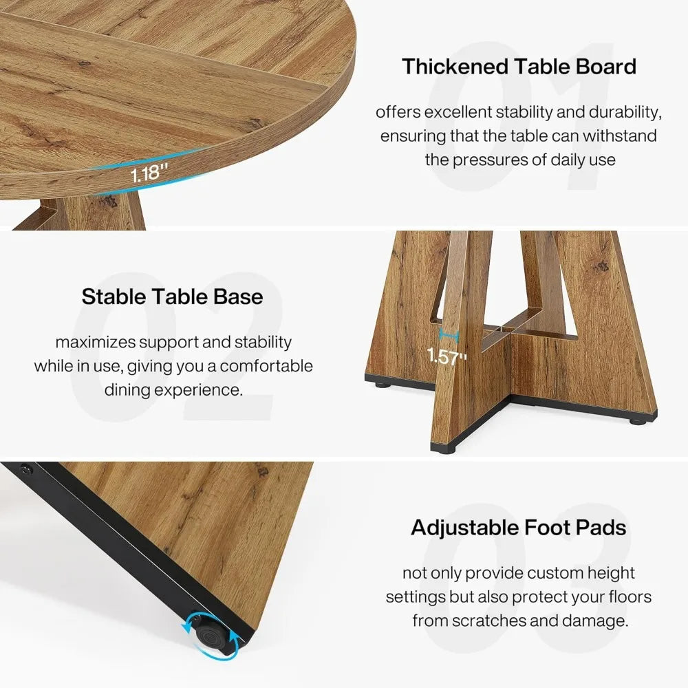 Wood Round Dining Table, Dinning Room Tables for 4 Adult, Farmhouse Dinner Tables with Wooden Tabletop and Cross Base, Table