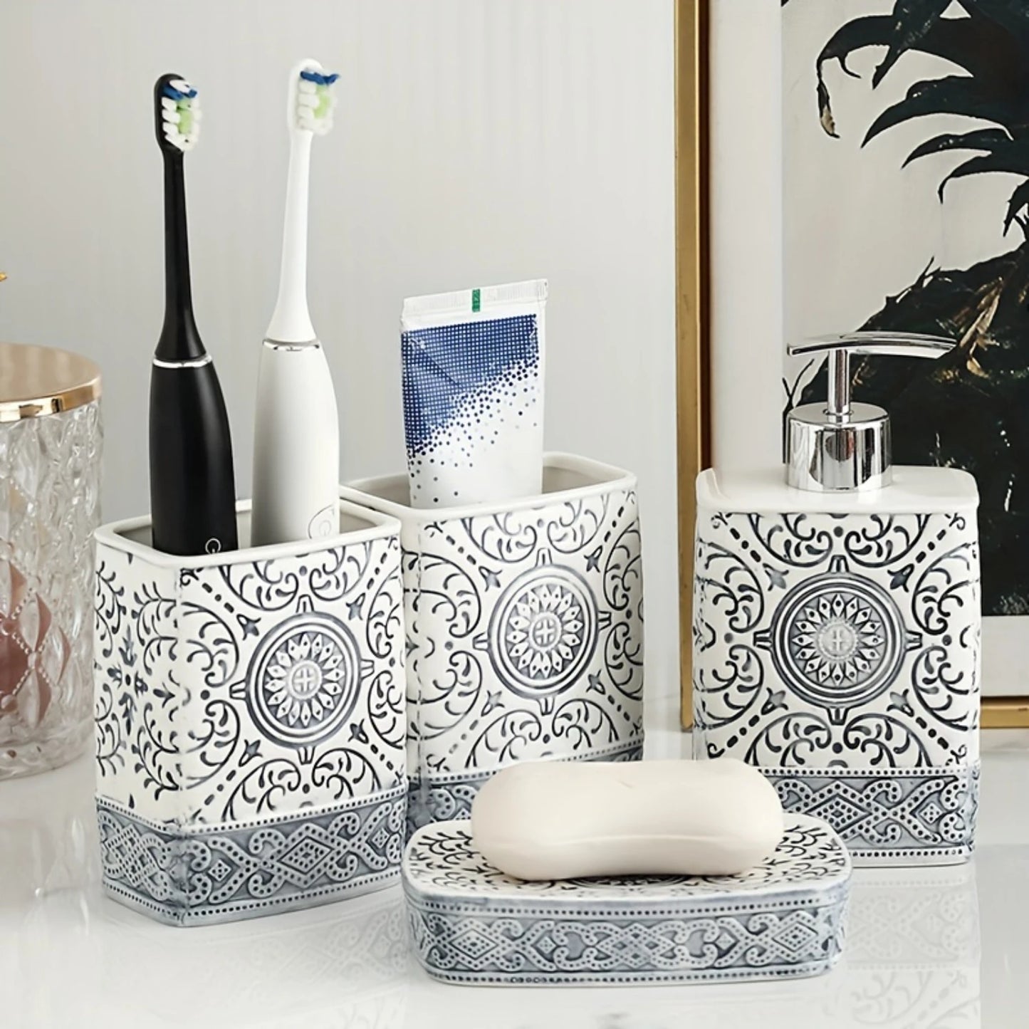 4pcs/set Bohemian Style Ceramic Bathroom Toiletry Set, Including Soap Dish, Lotion Bottle, Mouthwash Cup, And Toothbrush Holder