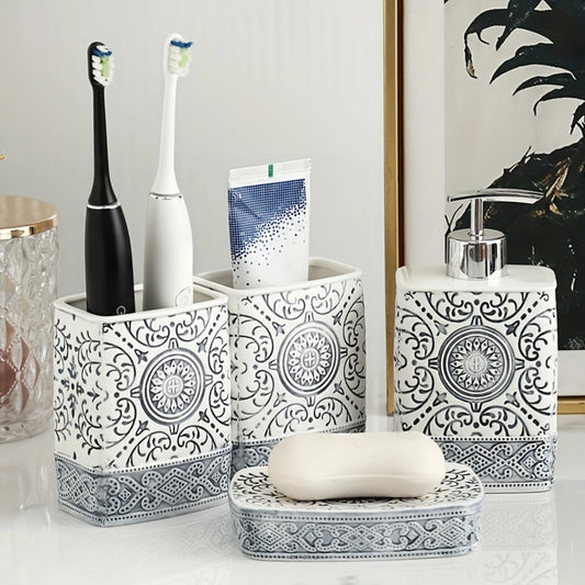 4pcs/set Bohemian Style Ceramic Bathroom Toiletry Set, Including Soap Dish, Lotion Bottle, Mouthwash Cup, And Toothbrush Holder