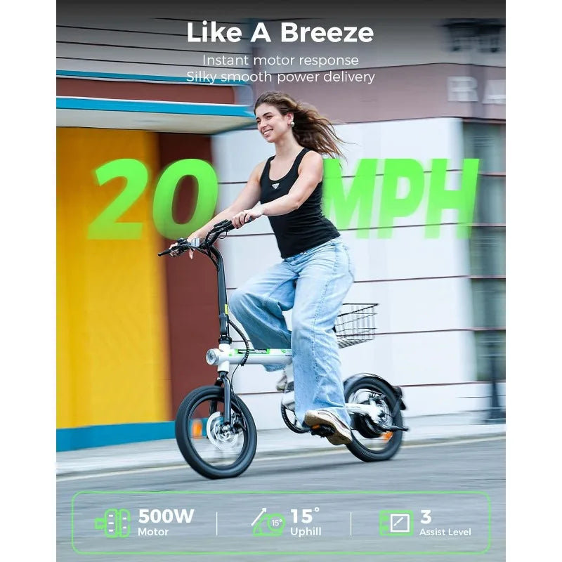 U1 Pro Electric Bike for Adults with Basket, 500W Motor, 20 mph Folding Ebike, 16" Adults Electric Bicycles with Smart