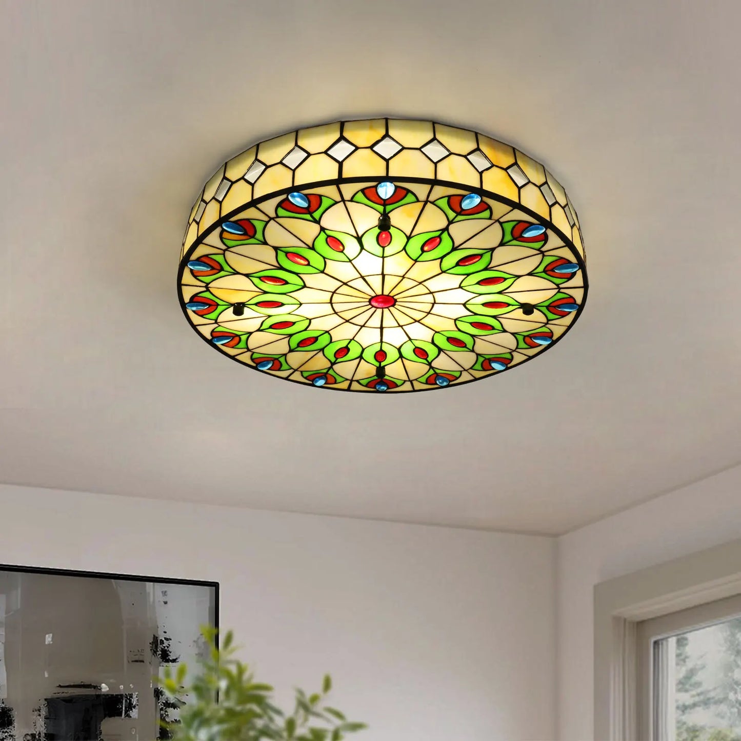110V Flush Mount Ceiling Light, Stained Glass Ceiling Lamp for Bedroom New