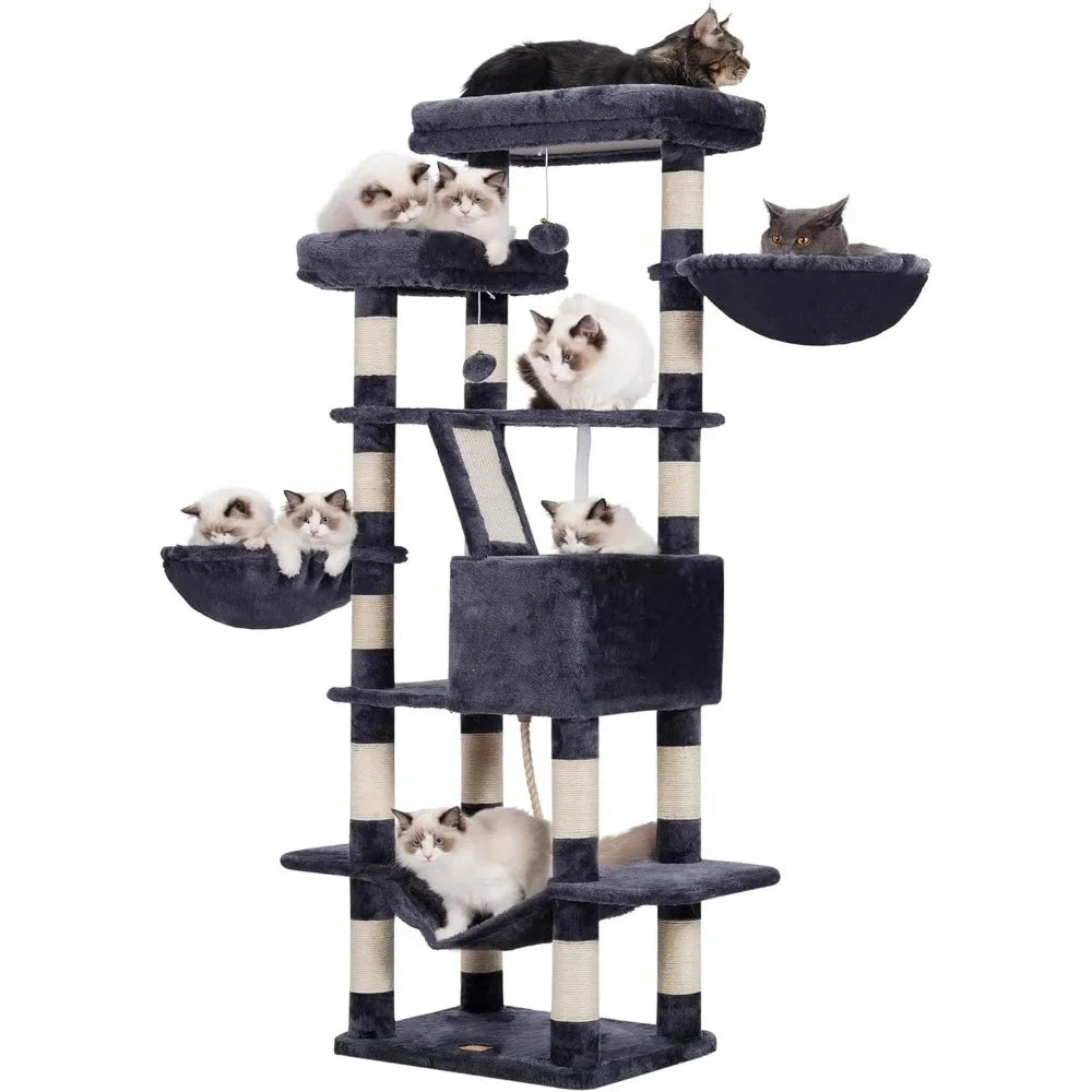Cat Tree, 68 inch Multi-Level Cat Tower for Indoor Cats, 2 Widened Plush Perches Cat Condo with Scratching Board and Big Caves