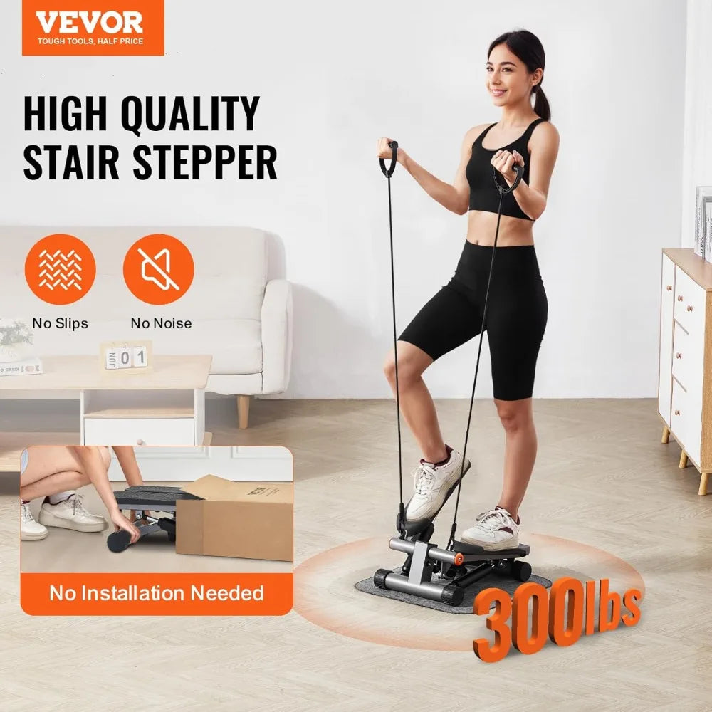 Home Fitness Mini Stepper with Hydraulic Resistance and Resistance Bands for Full-Body Cardio Workout