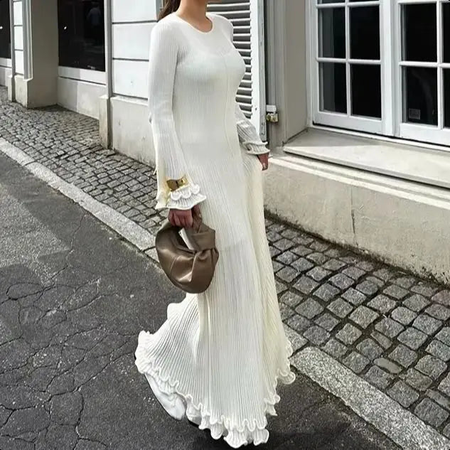 Ruffles Pleated Loose Long Dress Women Autumn Winter Fashion White O Neck Flare Elegant Party Dresses Female Streetwear Outfits