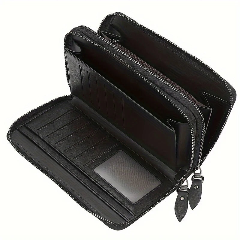 Men's Business Long Wallet, PU Leather Large Capacity Clutch Bag, Mobile Phone Bag With Wristlet, Double Zipper Handbag