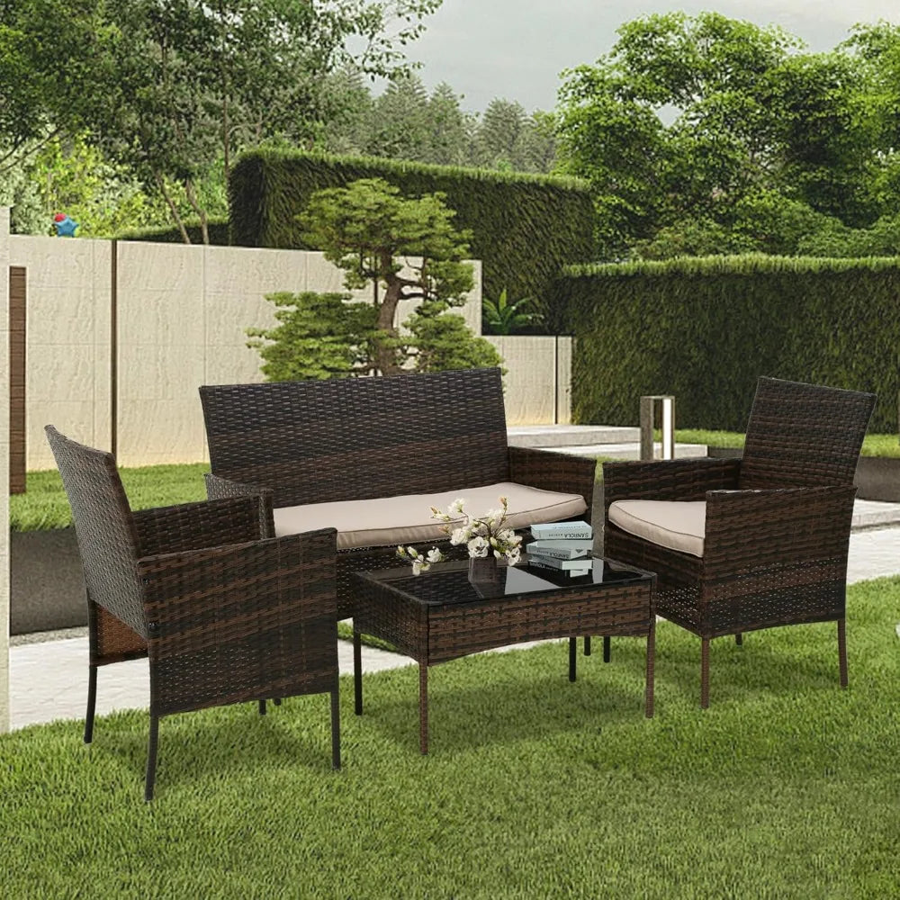 4 Pieces Patio Furniture Set Rattan Outside Furniture Wicker Sofa Garden Conversation Sets with Soft Cushion and Glass Table for