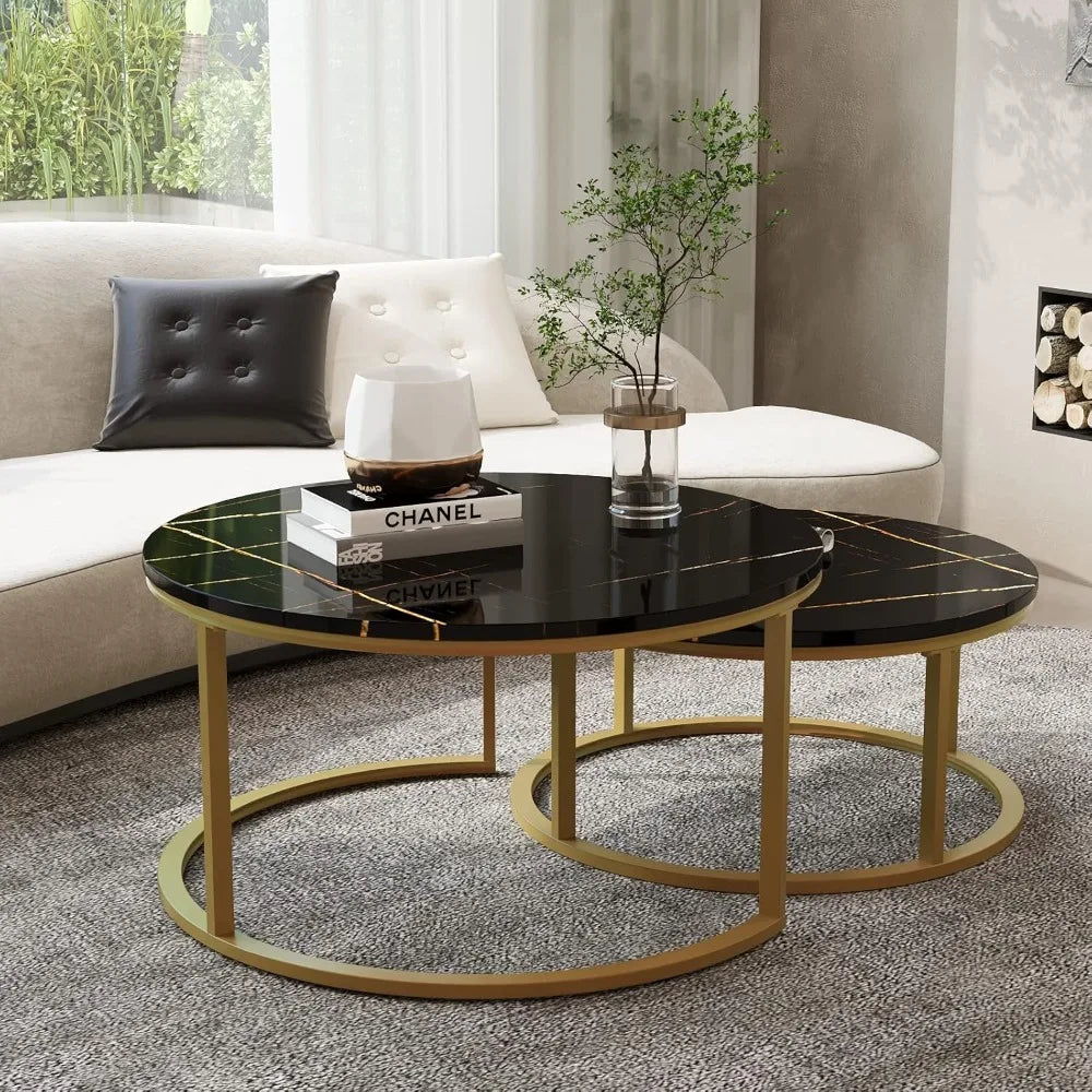 Round Coffee Table Nesting Tables Set of 2, Large : Ø 34.0", Small : Ø 26.0", Modern Design Coffee Tables for Living Room, Gold