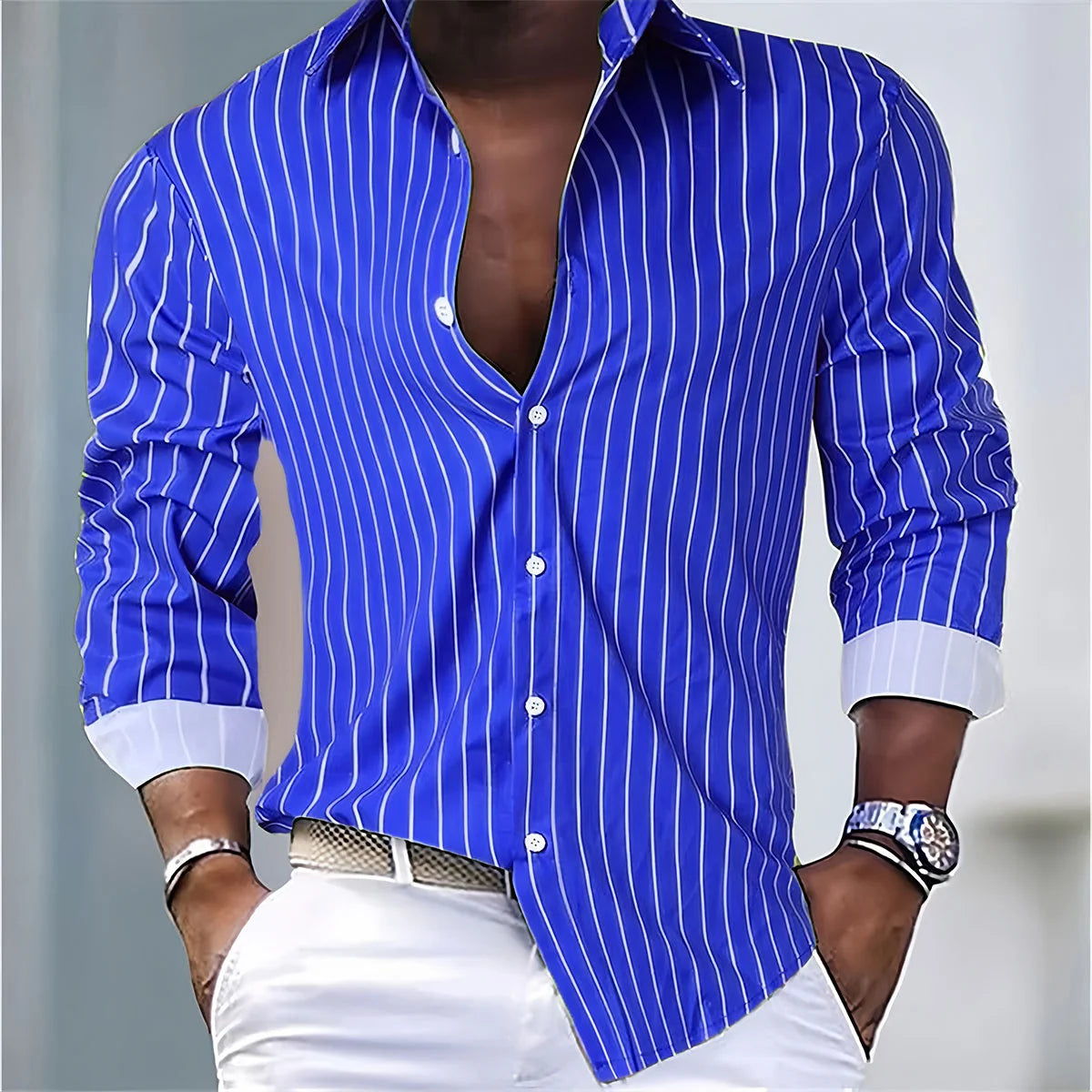 Men's Fashion Loose Striped Shirt 16 Colors Shirt Casual Breathable Lapel Button Long Sleeve Shirt Top Comfortable Soft Fabric