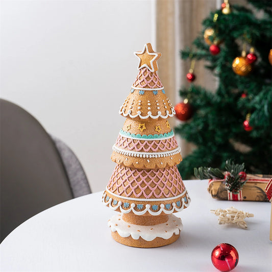 Resin Christmas Tree Figurine with Gingerbread House Design for Festive Home Decor - Small Desktop Holiday Decoration