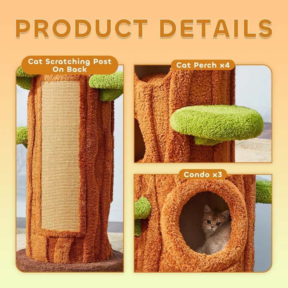 47.2'' Luxury Natural Cat Tree for Indoor Cats, Multi-Level Cat Tower with Scratching Post, Solid Wood Cat Condo for Multi-cat F