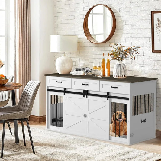 RQZ 65 Dual Dog Crate Furniture - Heavy-Duty Wooden Dog Cage Table with Storage Drawers and Stainless Steel Bowls