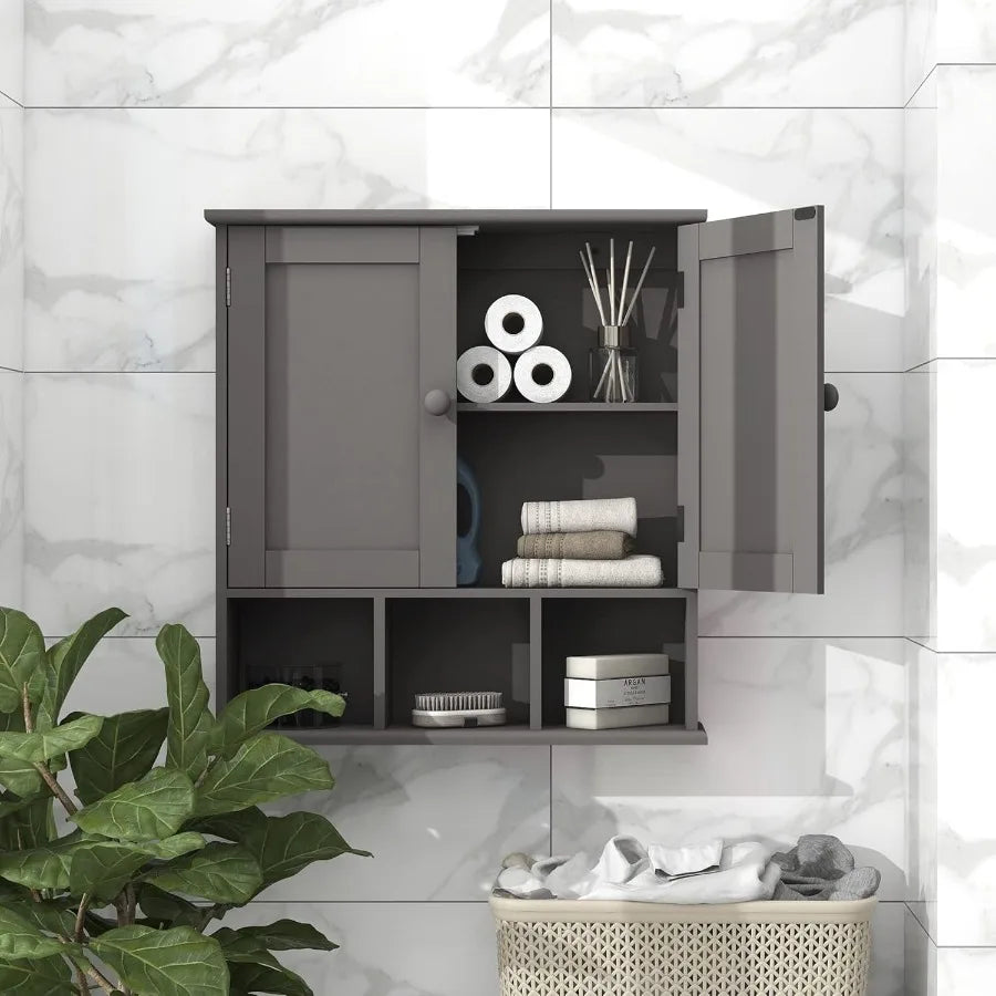 Wallmounted grey bathroom cabinet with two doors and adjustable shelves ideal for overthetoilet storage in bathrooms and laundr