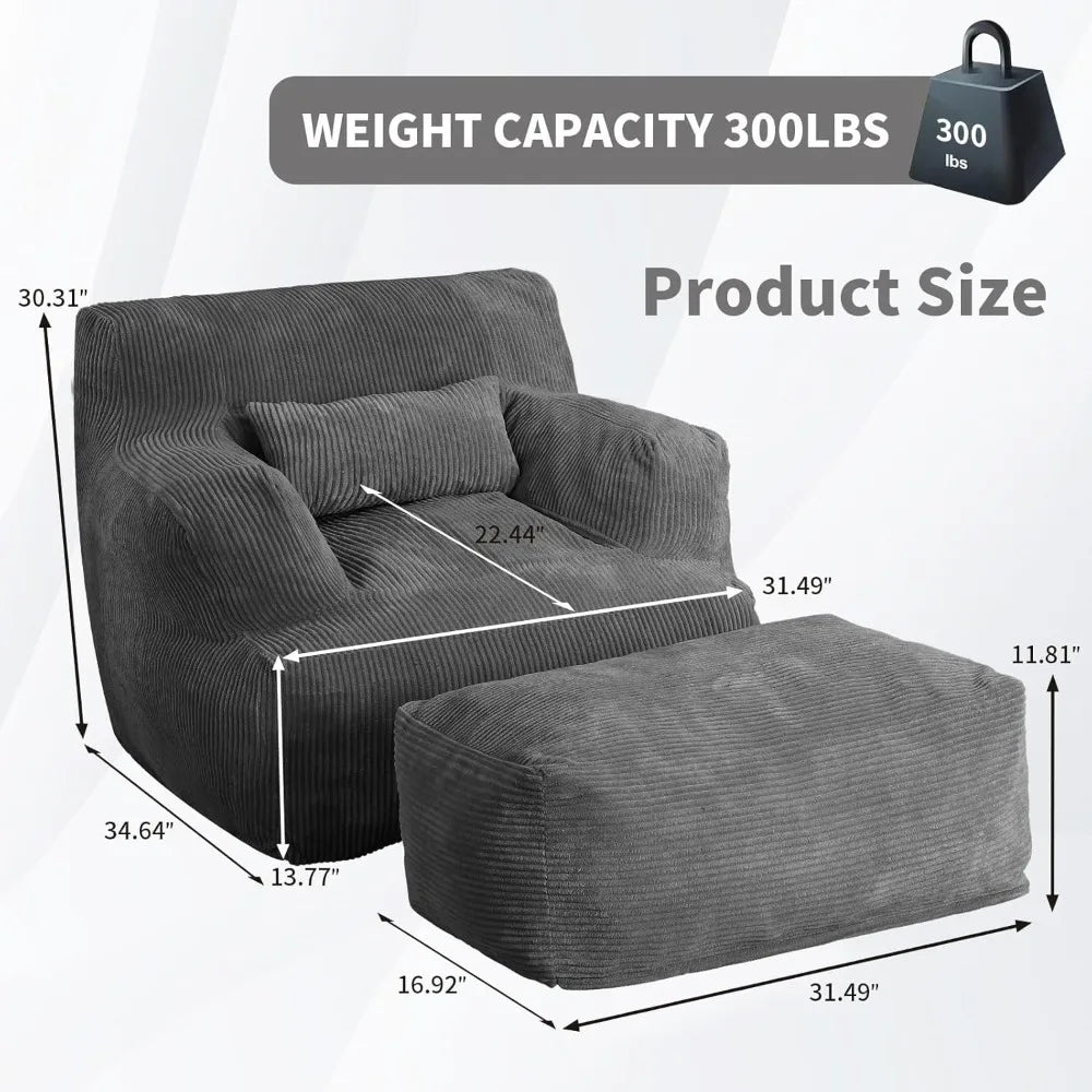 Bean Bag Sofa Chair with Ottoman, Comfy Floor Couch, Oversized Reading Chair for Bedroom, Dorm Room, Living Room, Darkgrey