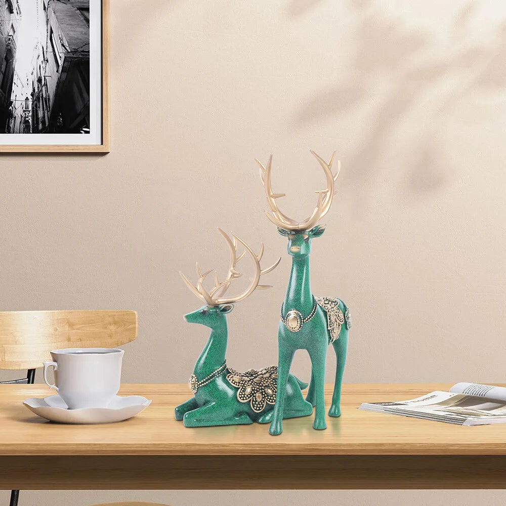 Home Tabletop Lucky Deer Statue Figurine Reindeer Decoration Sculpture Green