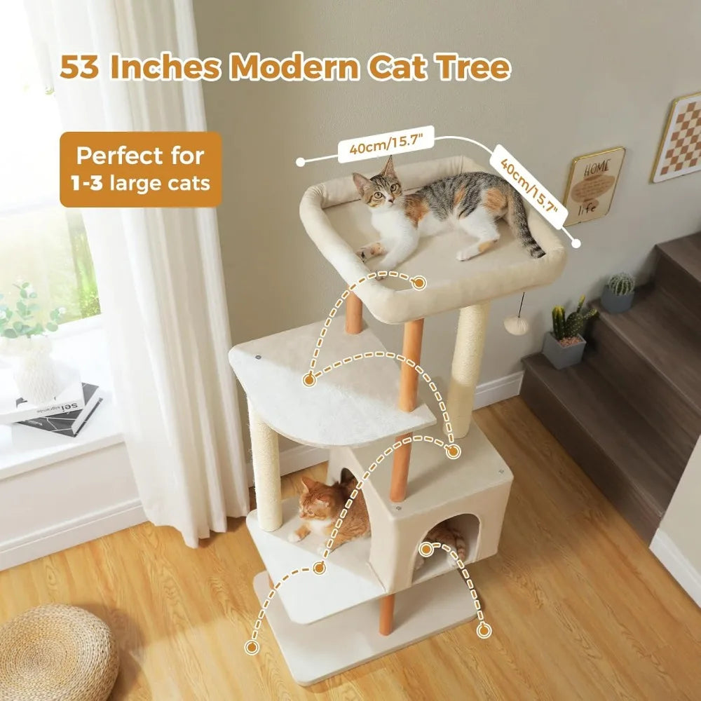 53-inch tall modern wooden cat tree for large indoor cats with multi-level condos and extended scratching posts
