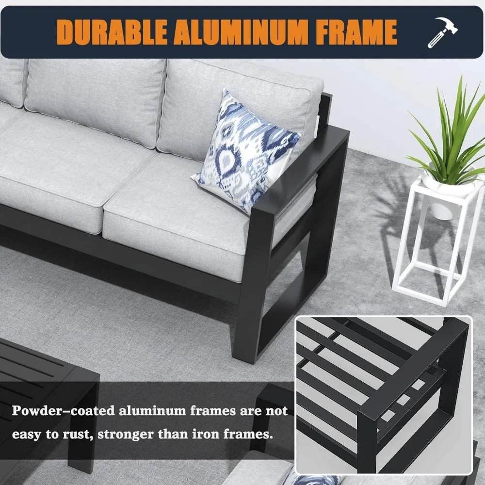 4 Piece Modern Aluminum Patio Furniture Set, Outdoor Patio Sectional Metal Seating Sets with Olefin Cushion and Coffee Table