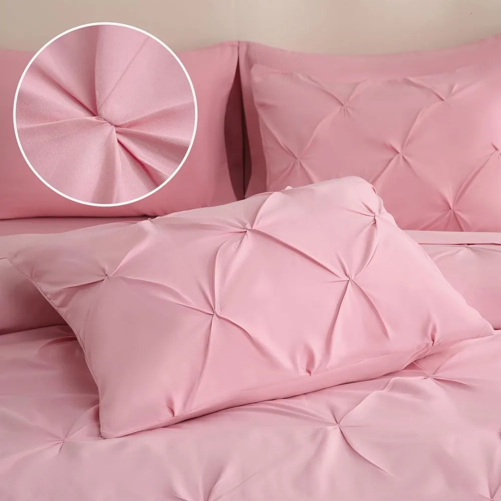 DOWNCOOL 7 Pieces King Size Comforter Set, Pink Pintuck Bed in A Bag, Pinch Pleat King Size Bed Set,All Season Bedding Sets with