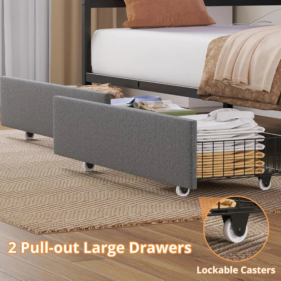 Twin Daybed with 2 Storage Drawers Corner Bed Frame with LED and Charging Station Metal Platform Daybed Frame for Living Room B