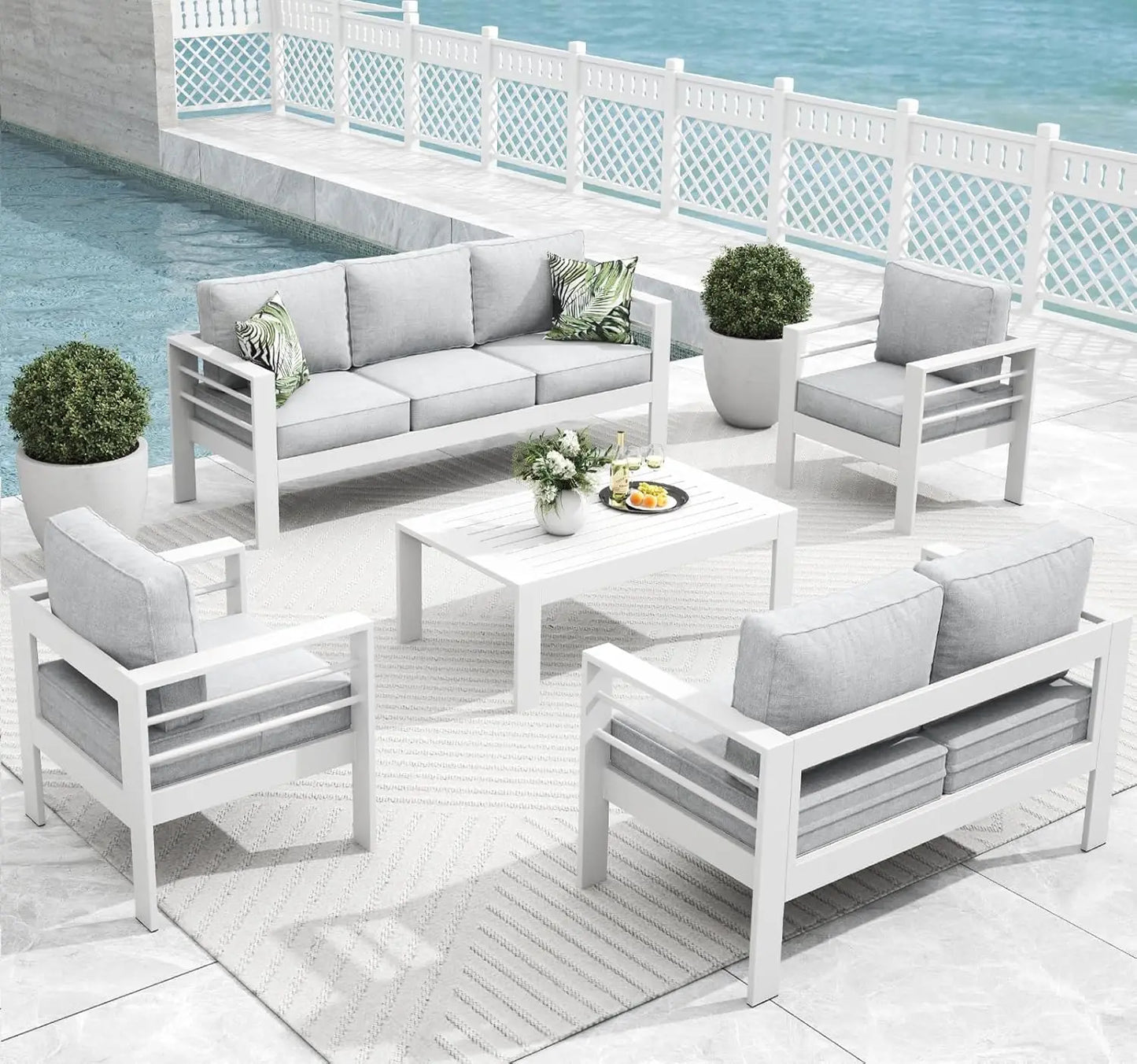 Modern 5 Pieces Aluminum Patio Furniture Set, Garden Furniture Sets, Conversation Sets Metal Sectional Sofa with Coffee Table