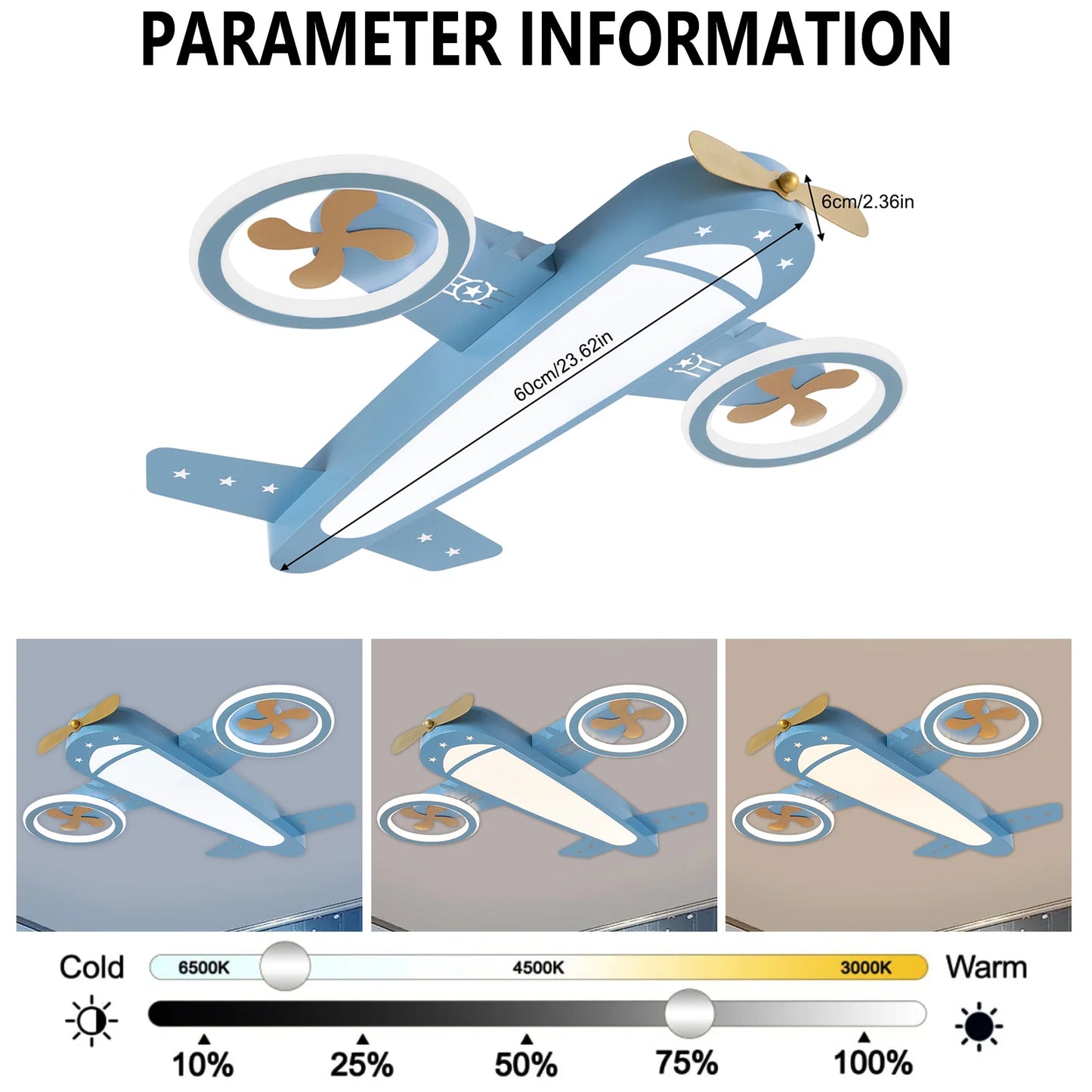 Airplane Ceiling Light, LED, Remote Control, Adjustable Warm & Cool Light, Memory Function for Kids Room and Playroom