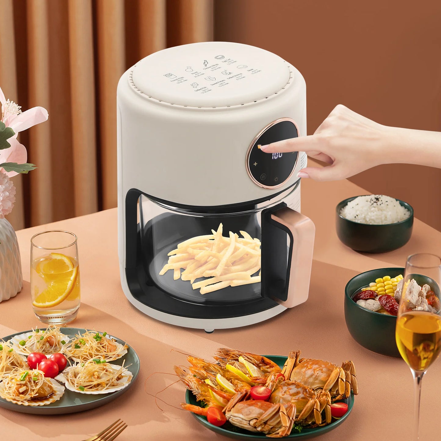 6-in-1 Functions Airy Fryer, 4.2L 1200W Glass Air Fryer, 360° Viewable, Digital Display, Adjustable Temp 80~200℃, White