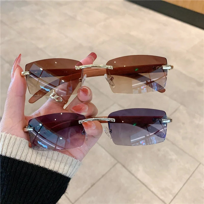 Fashion Sunglasses Men's And Women's Frameless Imitation Wood Grain Mirror Leg Sunglasses