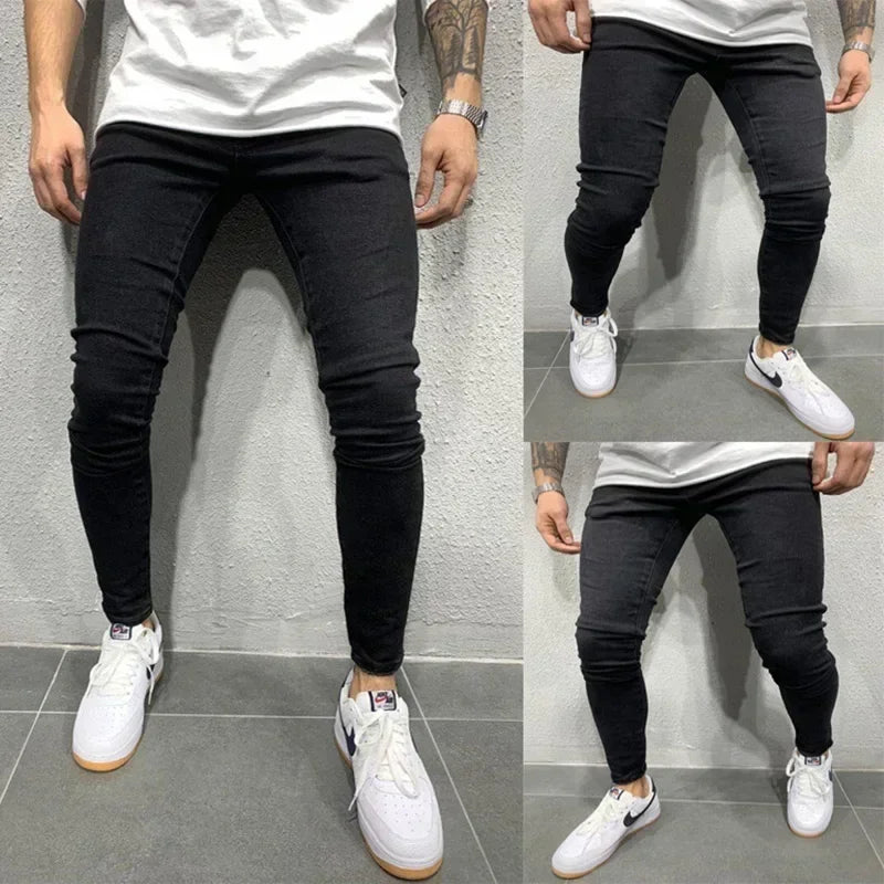 Male Hip-hop Trousers Pure Color Ripped Jeans Men Slim Long Pencil Pant Men Clothing High Quality Men Fashion Thin Skinny Jeans