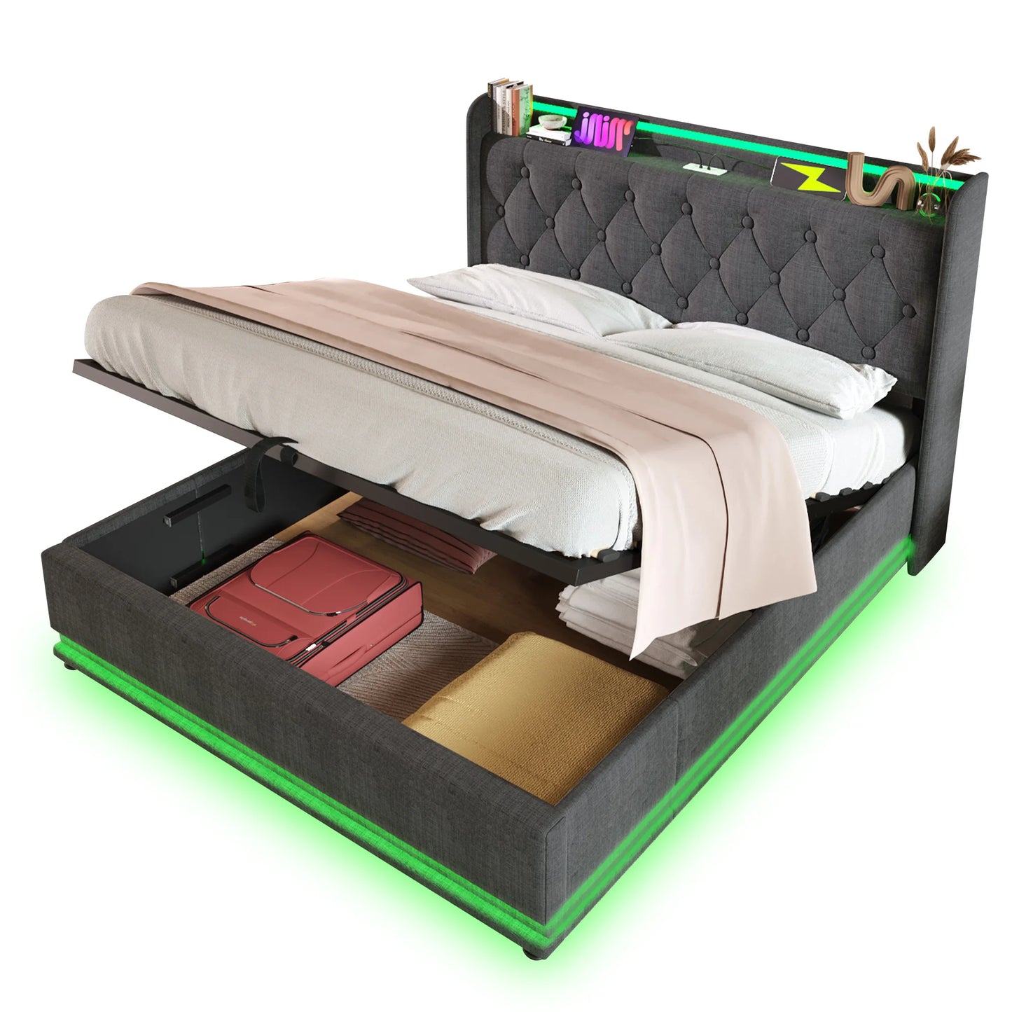 KOMHTOM Hydraulic Storage bed Linen 360 Surround LED function with USB Type-C charging function without mattress