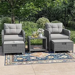 Balcony Furniture 5 Piece Patio Conversation Set, PE Wicker Rattan Outdoor Lounge Chairs with Soft Cushions 2 Ottoman&Glass Tabl