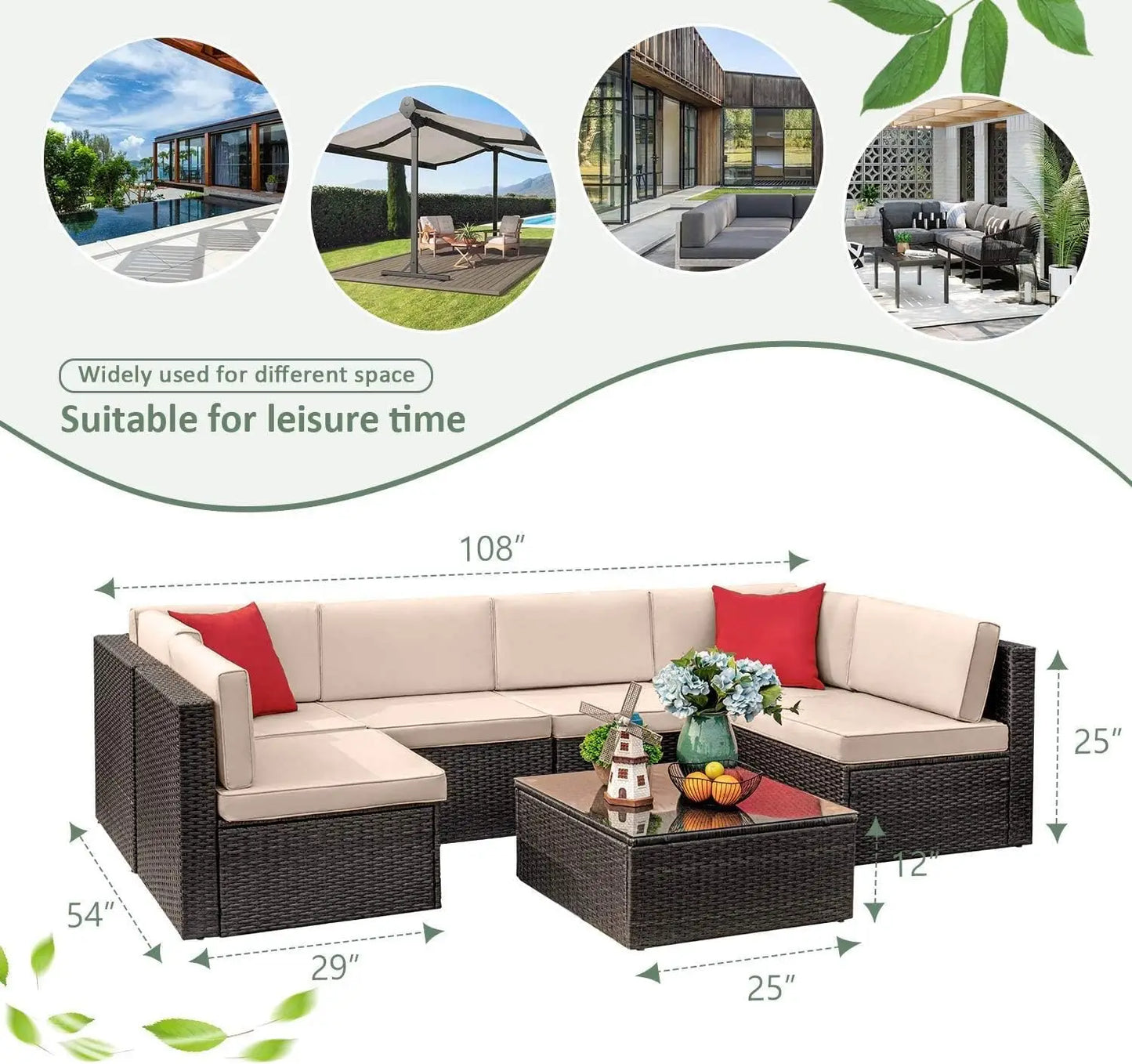 Sectional Sofa Patio Furniture Sets Manual Weaving Wicker Rattan Patio Conversation Sets with Cushion and Glass Table