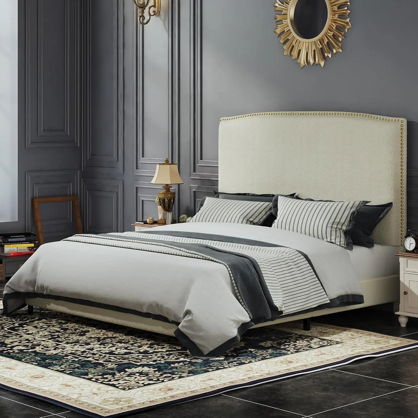 King Size Bed Frame with Upholstered Headboard, 56" Modern Platform Bed, Soft Boucle Fabric & Gold Nailhead Trim