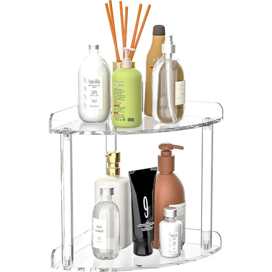 2 tier countertop corner organizer shelf 7x7x8 inch, acrylic bathroom organizer corner shelf for countertop, clear vanity storag