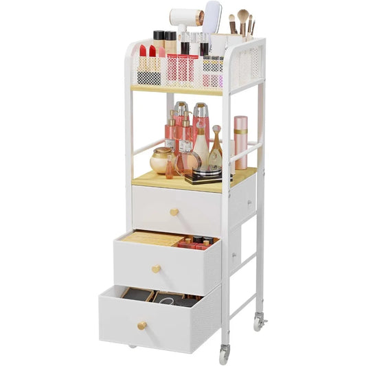 HapiRm Rolling Makeup Cart Organizer - Floor Skincare Make Up Storage with 3 Drawers, Vanity Organizer Cosmetic Display Cases Ho