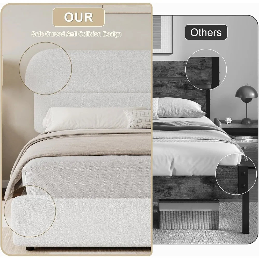 Twin Bed Frames with Headboard, Boucle Upholstered Platform Bed Twin Size for Kids, Rounded Corners & Thickened Footboard