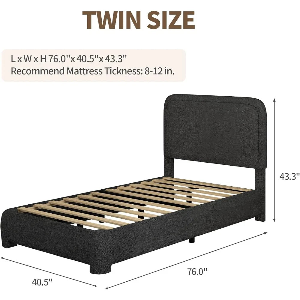 Twin Size Bed Frame, Boucle Upholstered Platform Bed with Headboard, Modern Style, Soft Rounded Corners, No Box Spring Required,