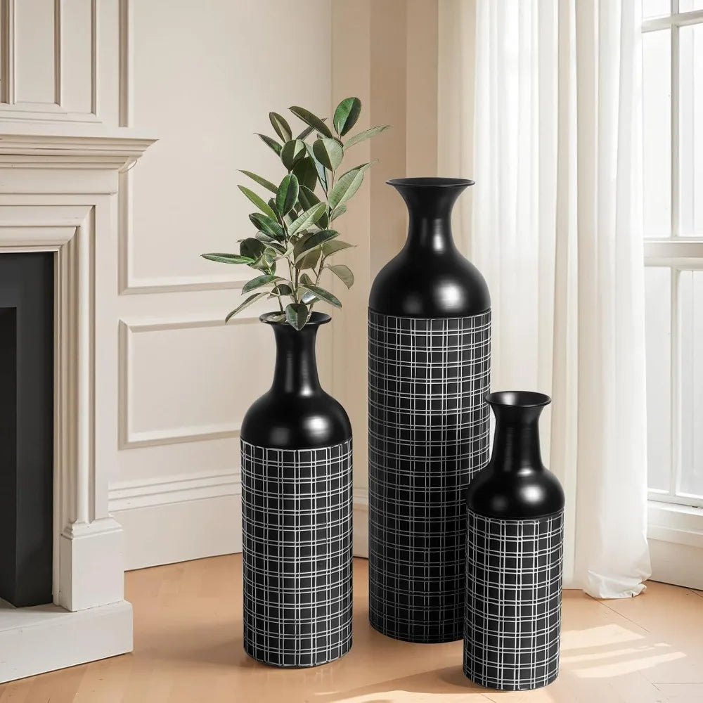 Tall Floor Vase Set of 3, Large Black Metal Vase with Minimalist White Lines & Detachable Vases Mouth, Big Modern Decorative Vas