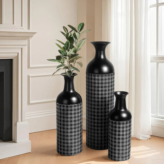 Tall Floor Vase Set of 3, Large Black Metal Vase with Minimalist White Lines & Detachable Vases Mouth, Big Modern Decorative Vas