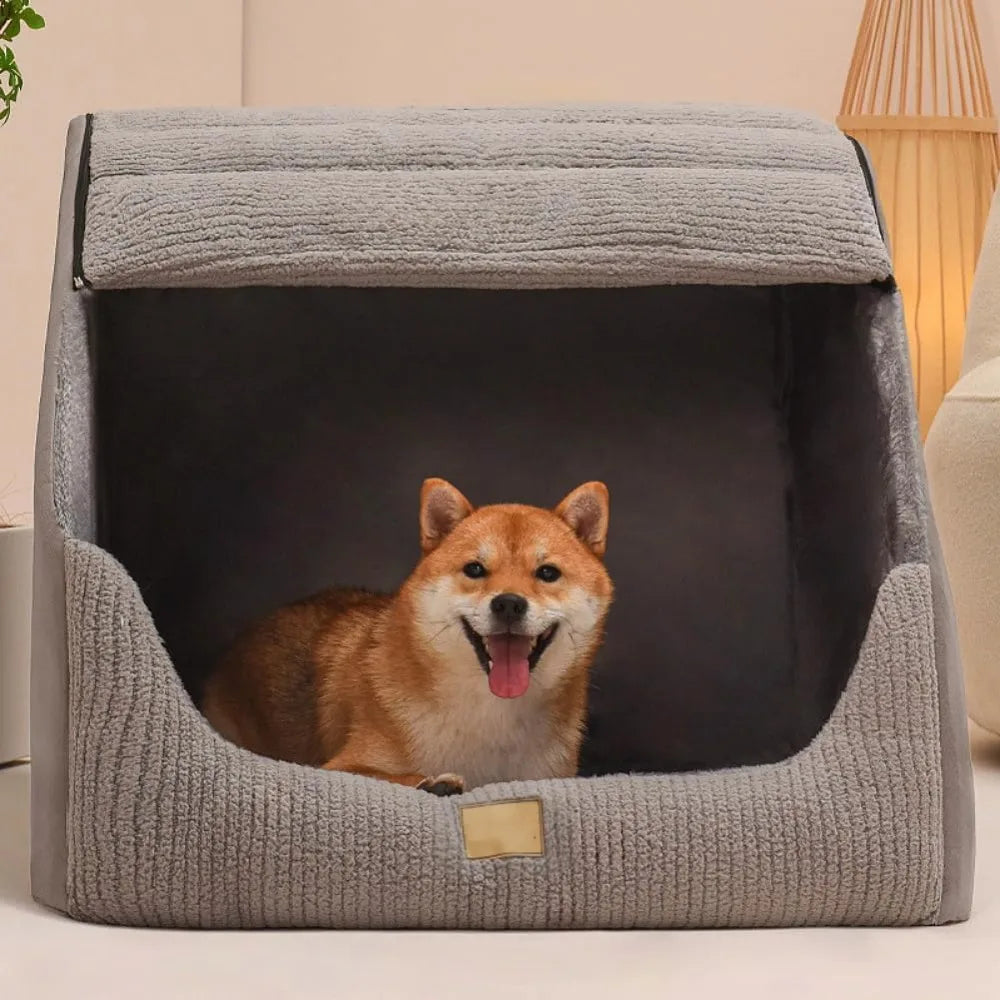 large dog house indoor, soft plush dogs cave bed covered pet bed with fluffy washable cushion, portable dog/cat pet tent house f