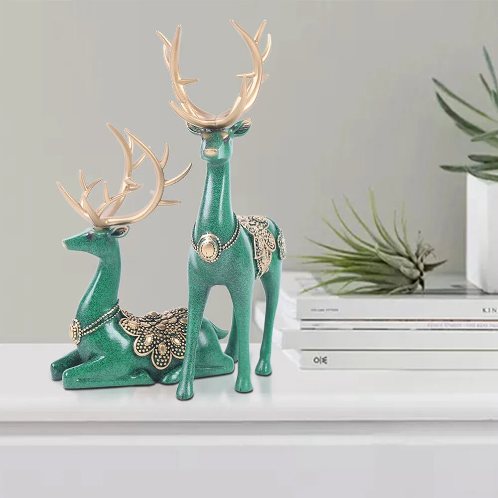 Home Tabletop Lucky Deer Statue Figurine Reindeer Decoration Sculpture Green