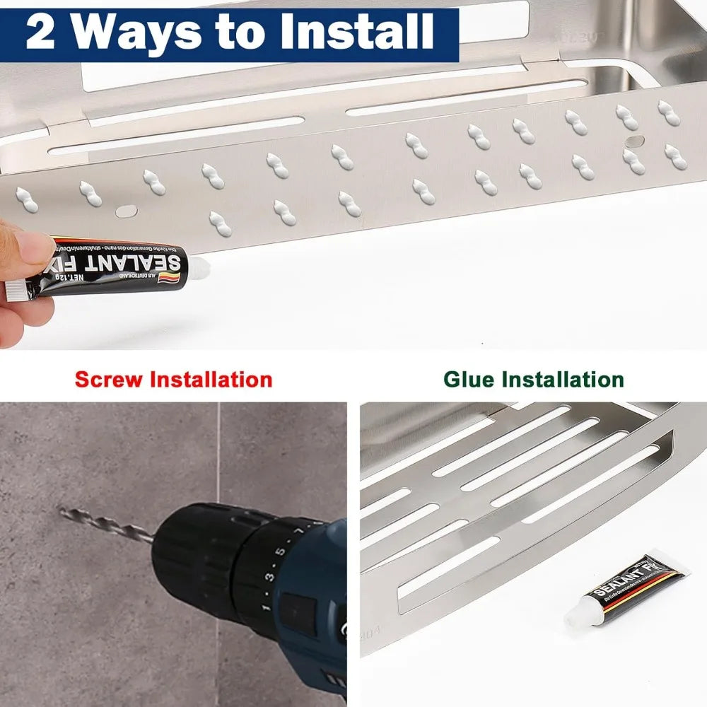 bathroom shower caddy 2 pack, no drill 304 stainless steel shower organizer with 2 hooks (shower shelf, brushed nickel)