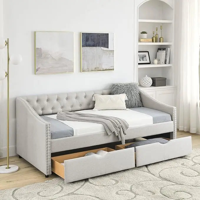 Upholstered Daybed with Drawers, Modern Twin Sofa Bed Daybed Frame for Bedroom Living Room Guest Room,