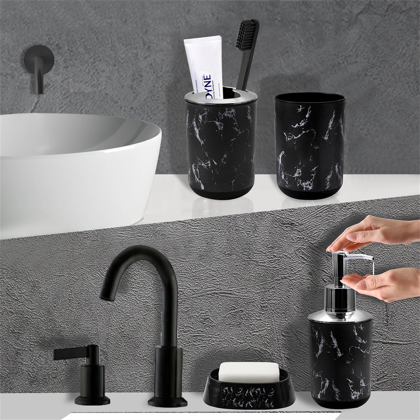 5-piece white/black marble bathroom set -  lotion bottle, toothbrush and toothpaste cup, mouthwash cup, soap dish, and box