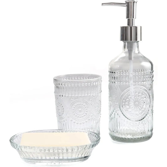 3pcs glass bathroom accessories set, lotion & soap dispenser, toothbrush holder, soap dish, modern bathroom countertop decor fo