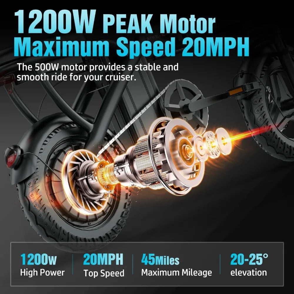 Electric Bike for Adults 1200W Peak Motor, 20MPH Folding Electric Bike, 45 Miles Long Range, 14" Mini Ebike Pedal Assist