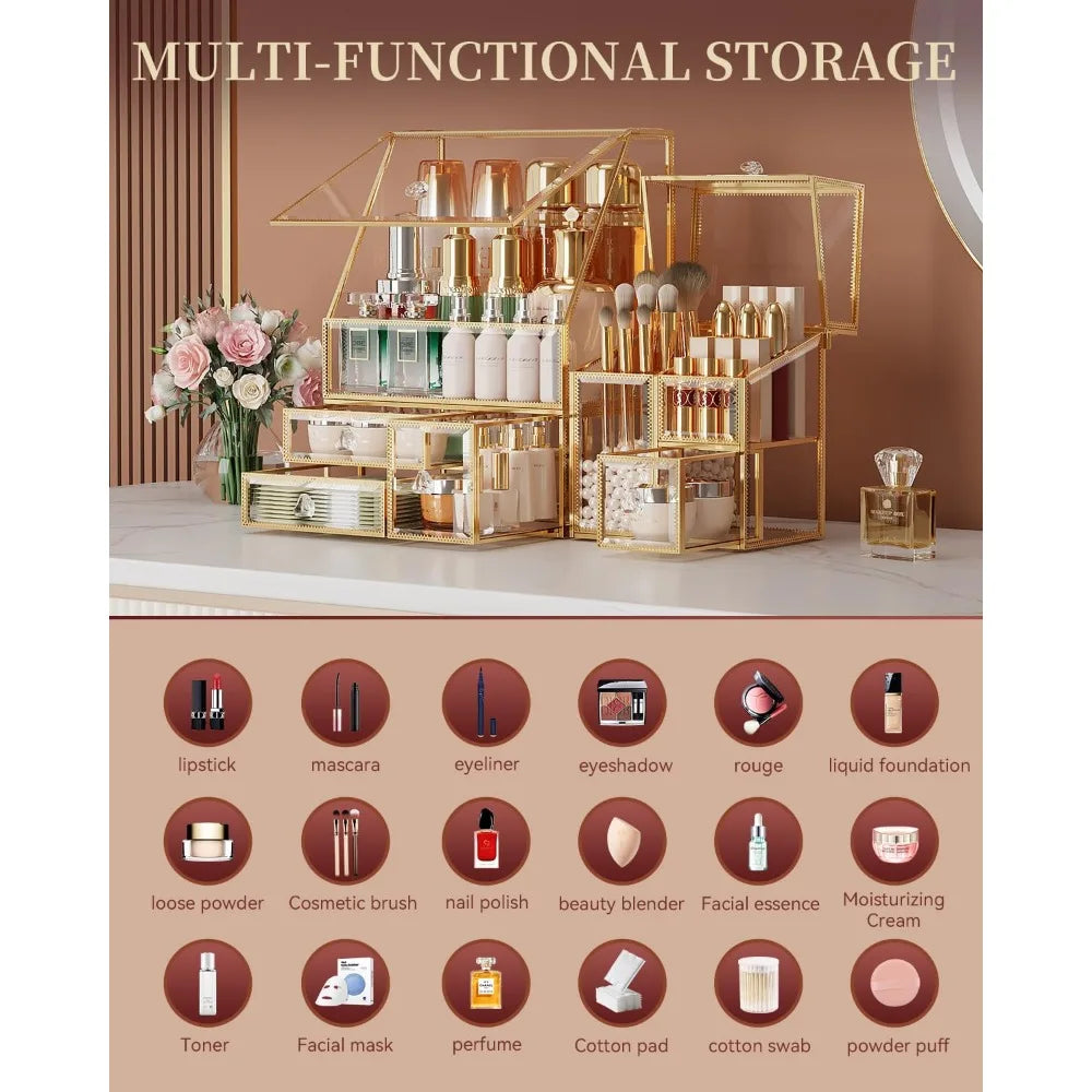 Clear Makeup Organizer with Gold Frame – Countertop Vanity Organizer for Skincare, Lipsticks, Perfume & Brushes – Bathroom Cosme