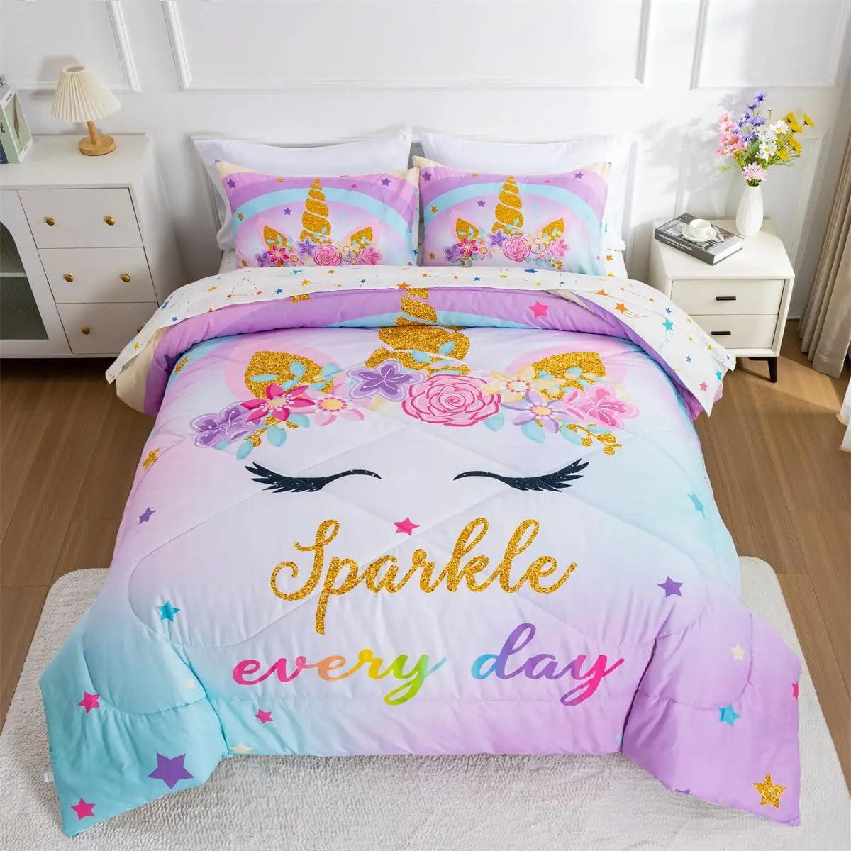 Ntbed Unicorn Twin Comforter Set With Sheets,5 Pieces Kids Bedding Sets For Girls, Lightweight Microfiber Star Rainbow Bed In A