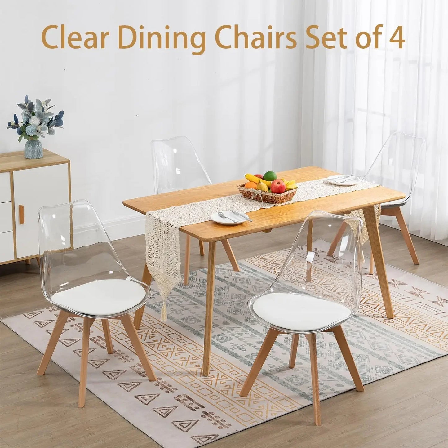 Clear Dining Chairs Set of 4, Modern Acrylic Accent Chair Kitchen Dinner Chairs with PU Leather Cushions Seat and Wood Legs, Sid